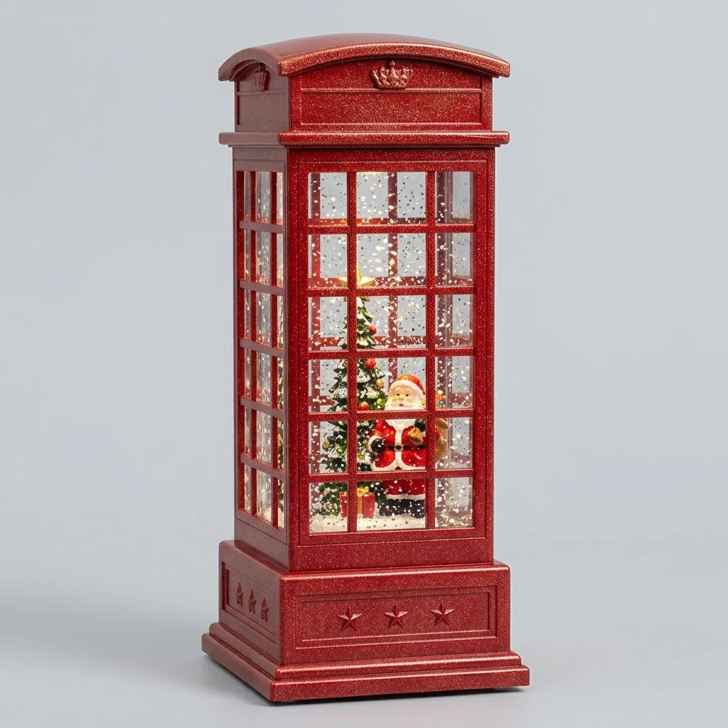Carillon cabina telefonica natalizia rossa con LED, musica e neve in movimento