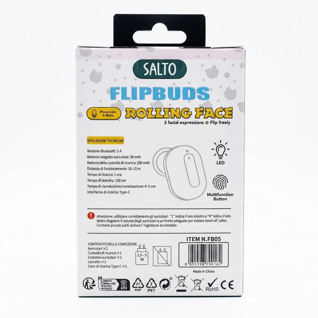 Salto Flipbuds Rolling Face Shiba – retro packaging con specifiche tecniche e EAN