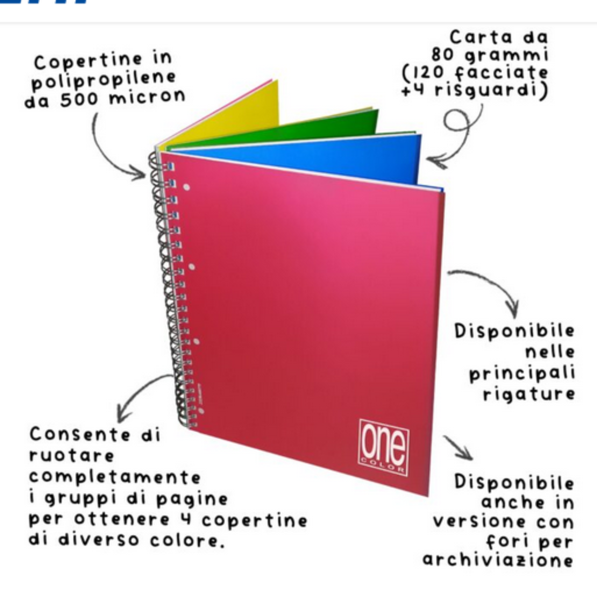 Quaderno Spirale con divisori Blasetti One Color - 4 Sezioni per 4 Materie - 120 Fogli