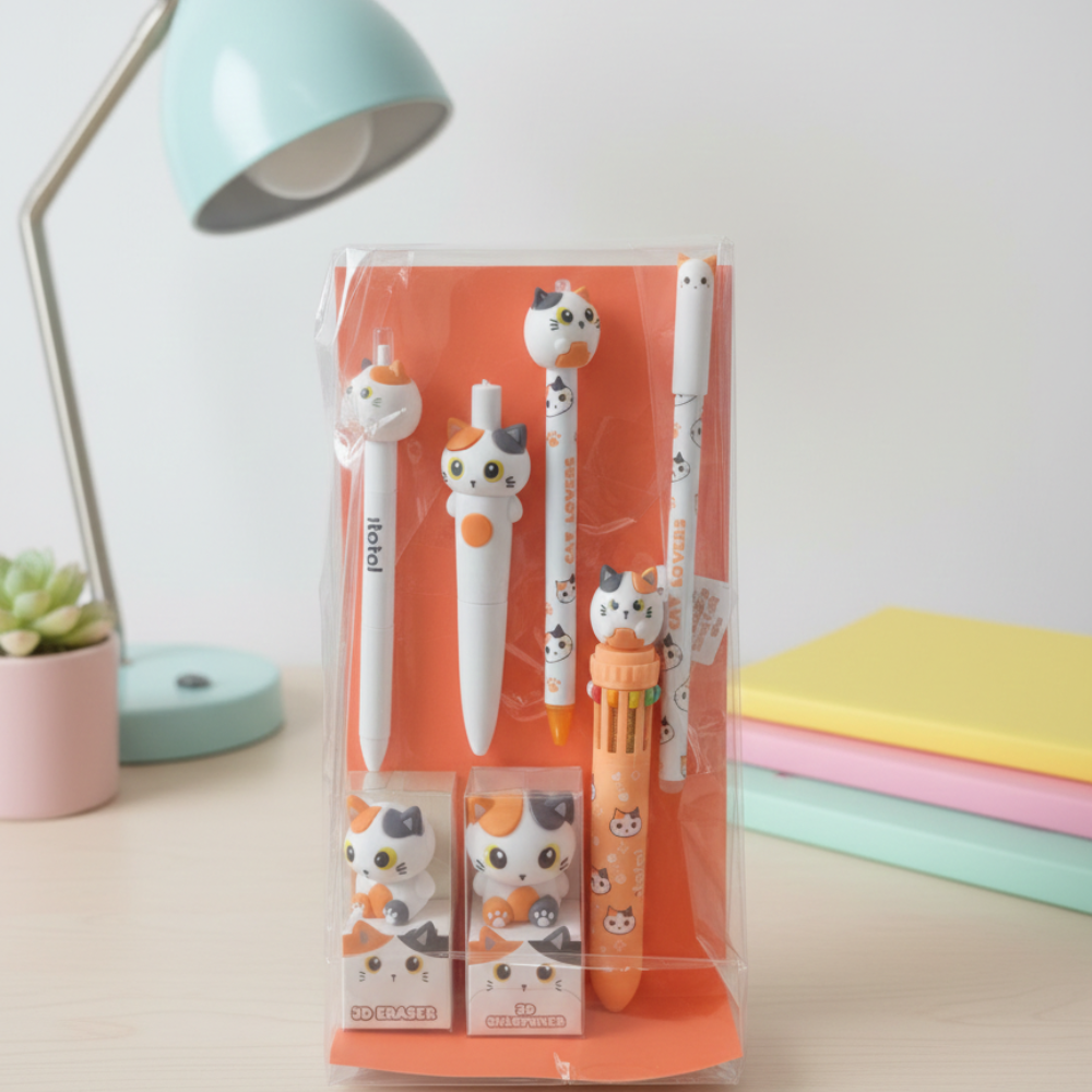 Bag Regalo Gatto I Total 🐱 Set Completo Cancelleria Meow Orange - 7 Articoli Coordinati