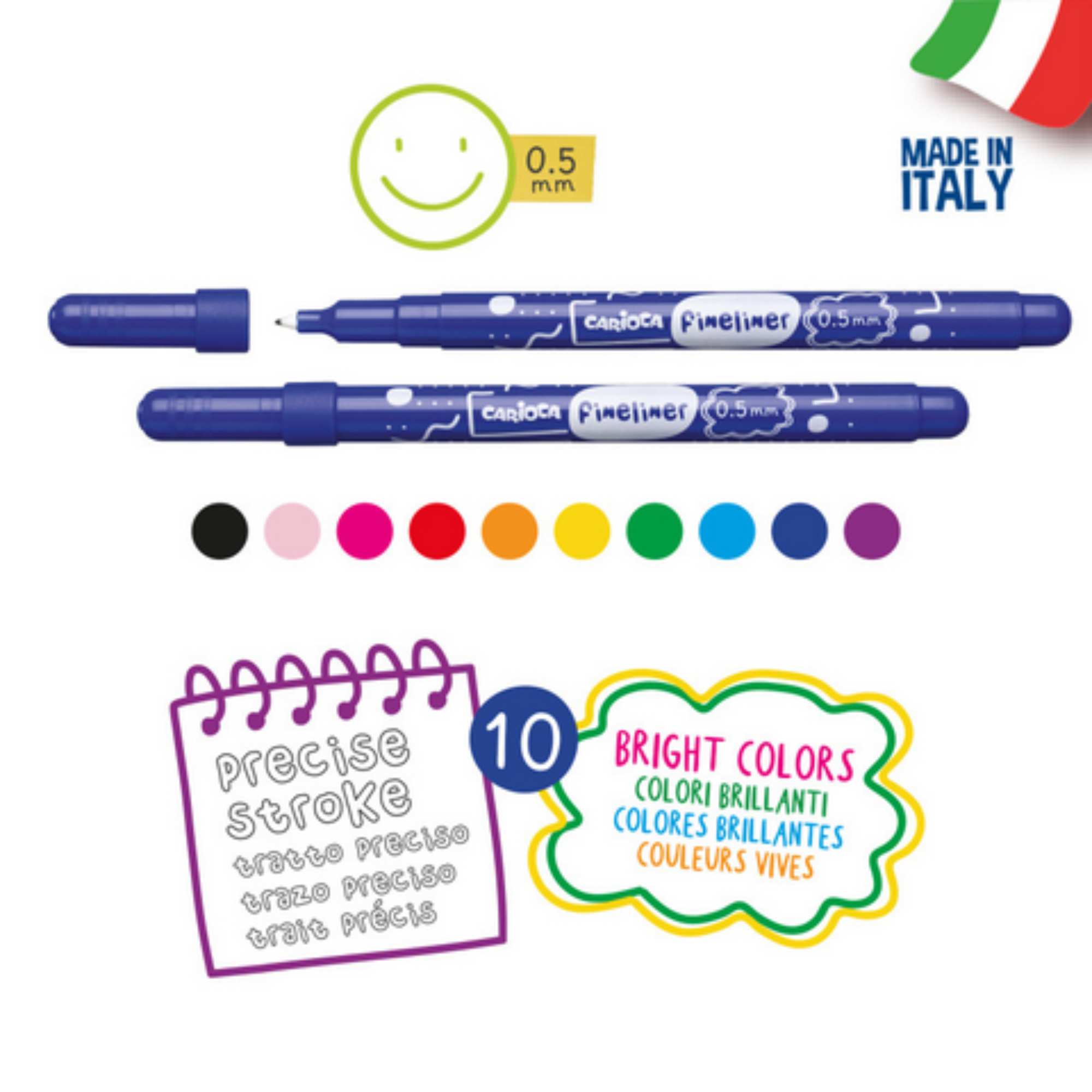 Fineliner Carioca 10 Pezzi - Tratto Preciso 0.5mm Colori Brillanti