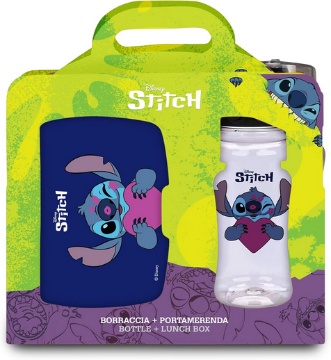 Seven Set Portamerenda + Borraccia LILO & STITCH Blu per bambini, Divisorio interno, Borraccia 460ml con coperchio ermetico