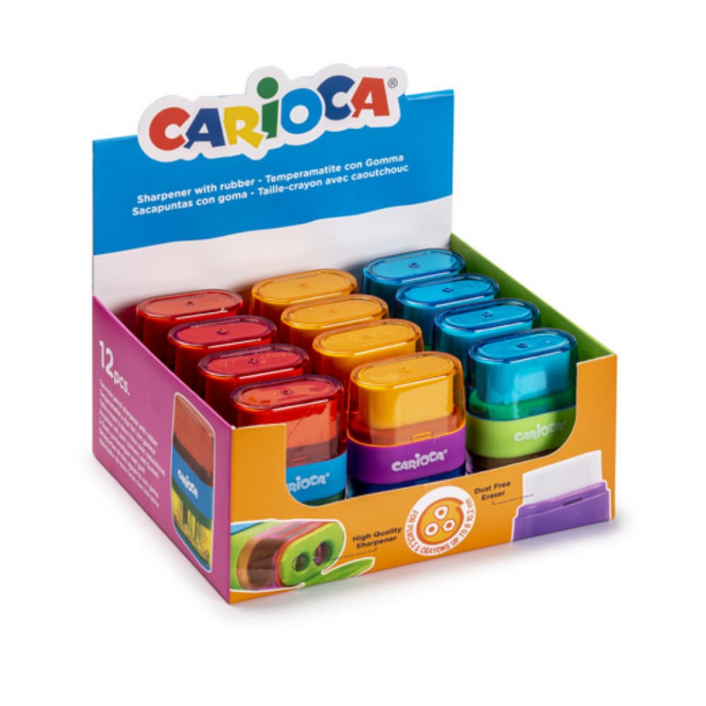 Temperamatite carioca a 2 fori con contenitore e gomma per cancellare disponible da cartoleria claudio a giugliano napoli
