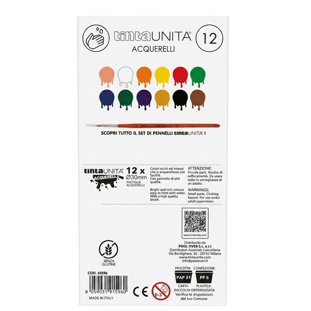 Acquerelli Tinta Unita con Pennello – 12 o 24 Colori | Made in Italy