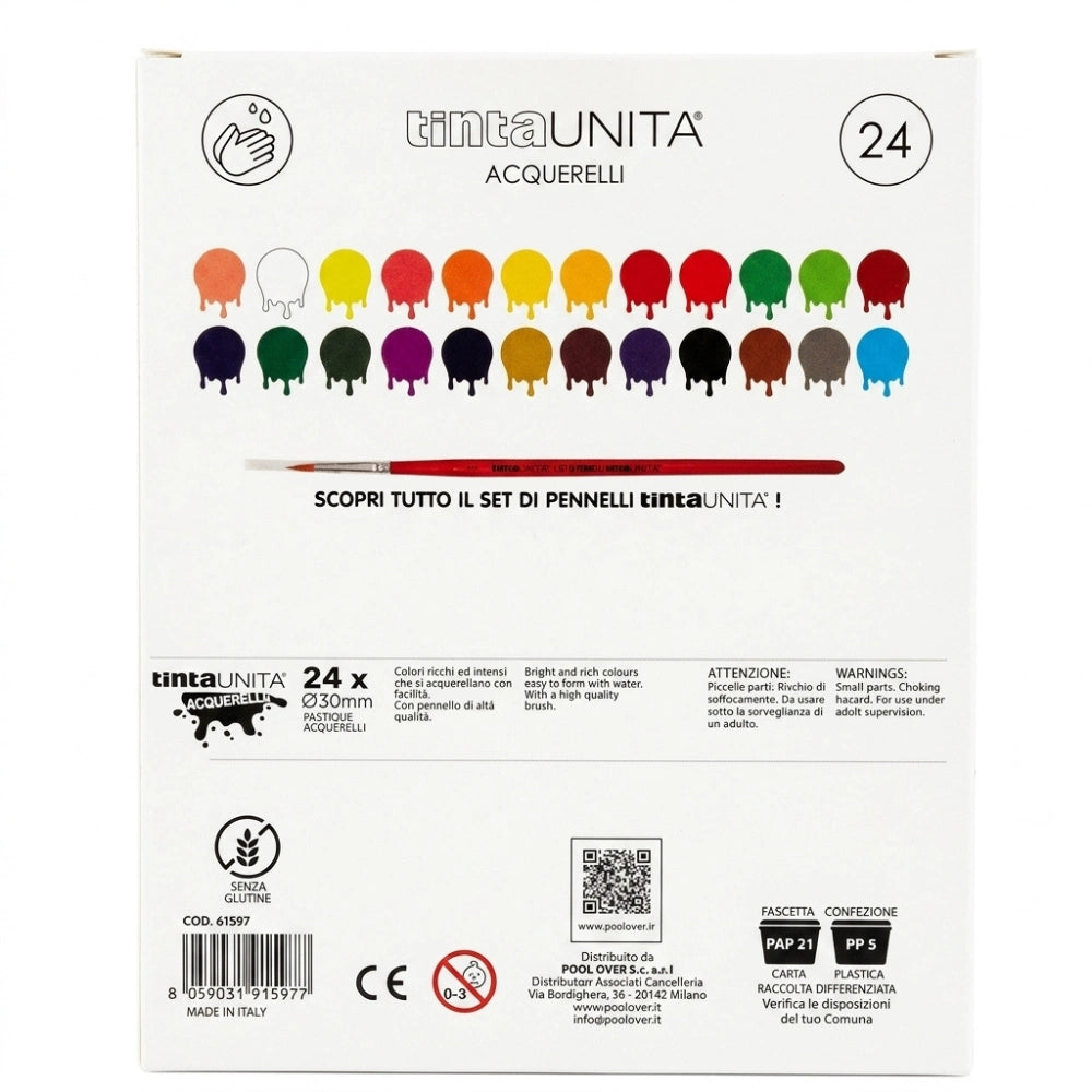 Acquerelli Tinta Unita con Pennello – 12 o 24 Colori | Made in Italy