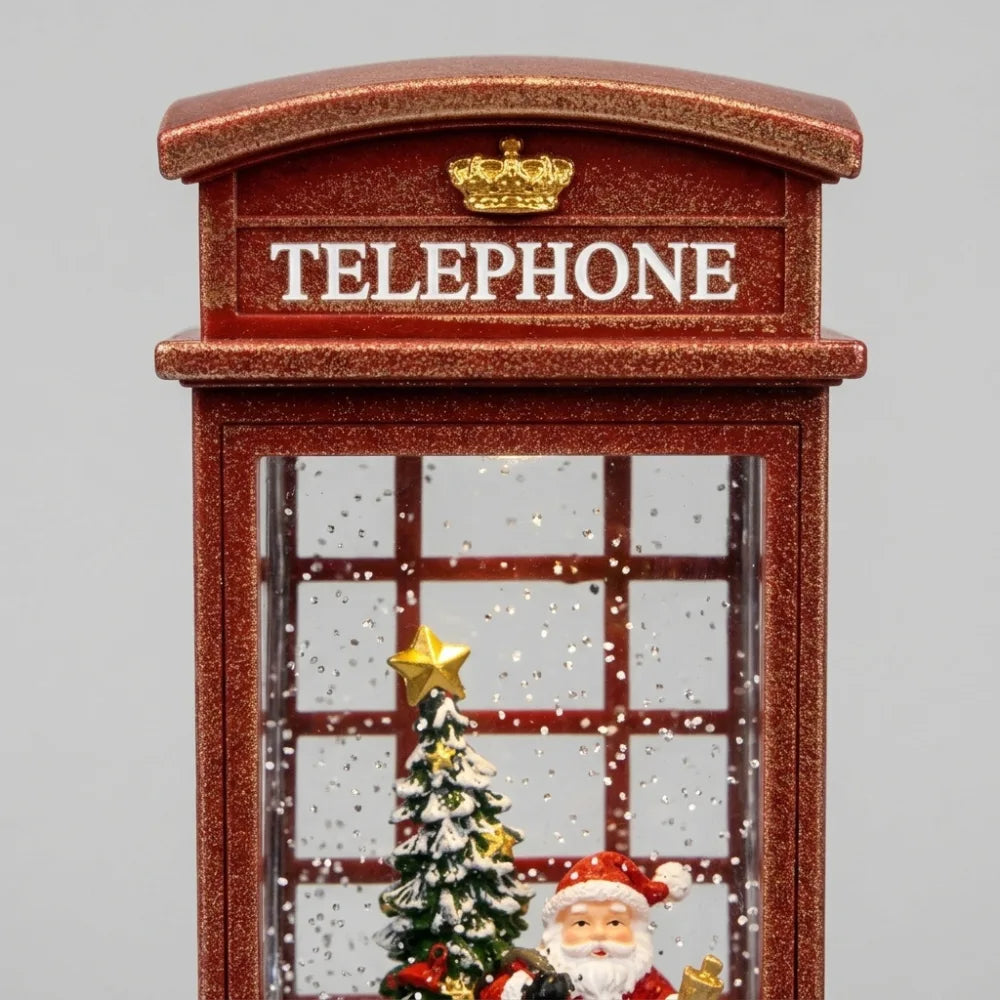 Carillon cabina telefonica natalizia rossa con LED, musica e neve in movimento