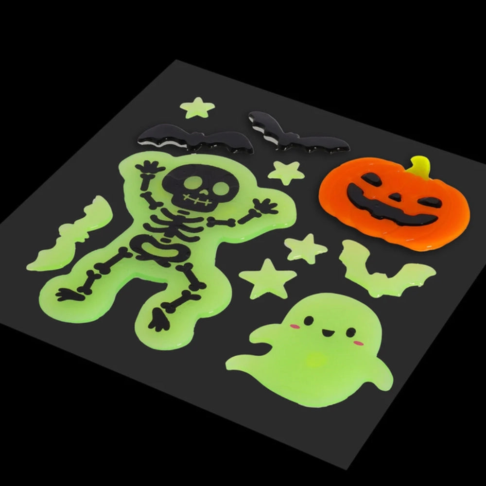 Legami adesivi gel Halloween glow in the dark al buio: scheletro zucca fantasmino stelle pipistrelli fosforescenti verde neon