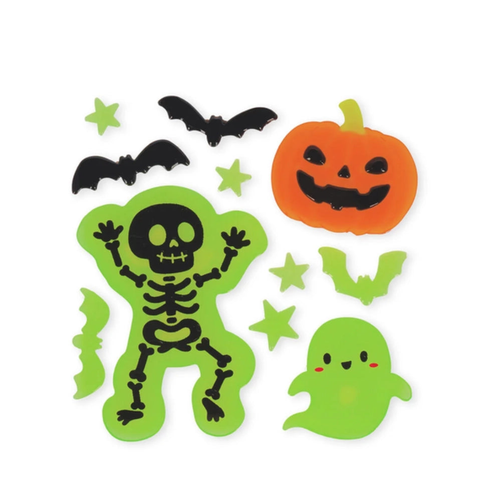 Legami Windo-Glow dettaglio macro adesivi gel TPR Halloween: scheletro danzante verde fantasmino kawaii zucca arancio pipistrelli neri