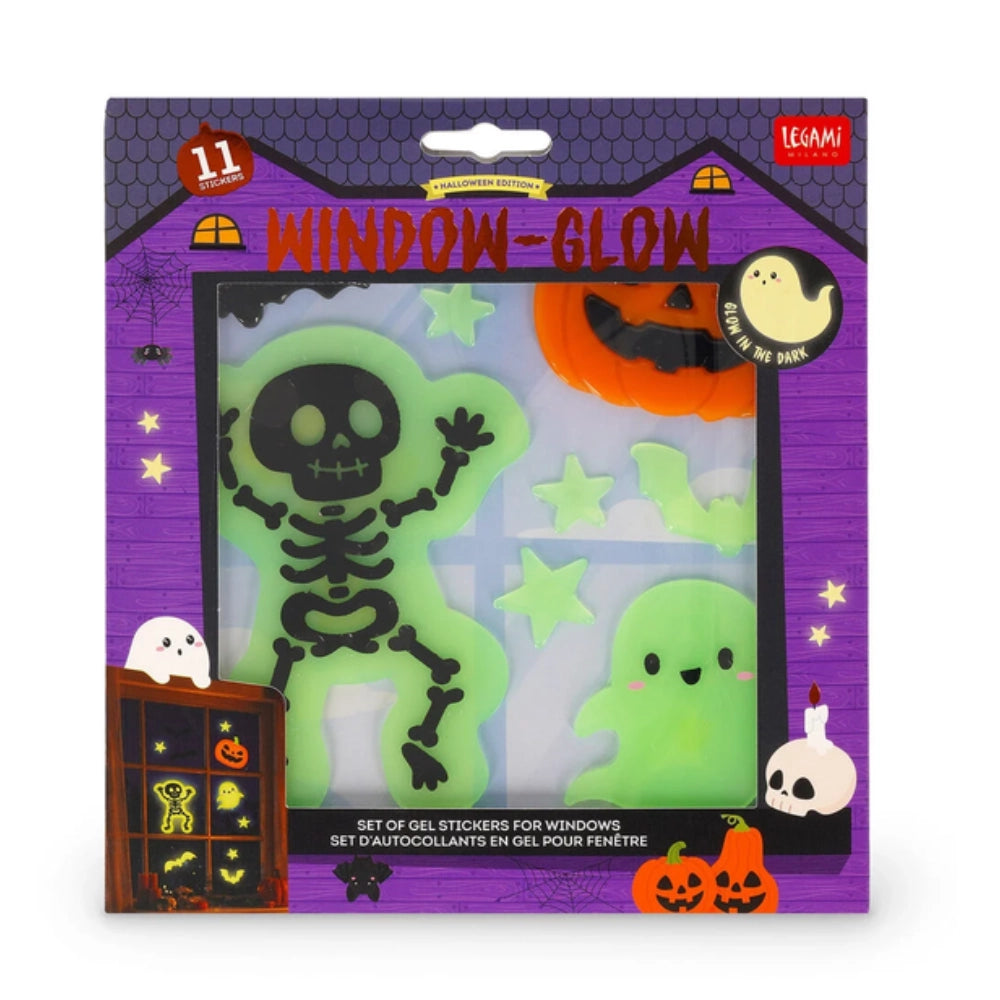 Legami Windo-Glow packaging viola Halloween Edition con 11 adesivi gel finestra scheletro zucca fantasmino stelle pipistrelli