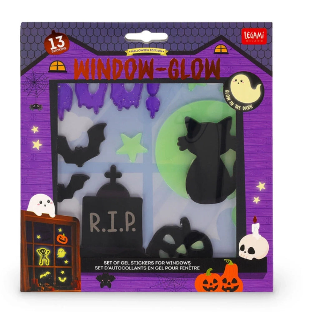 Adesivi gel Halloween Legami applicati su finestra con gatto nero luna pipistrelli e lapide RIP