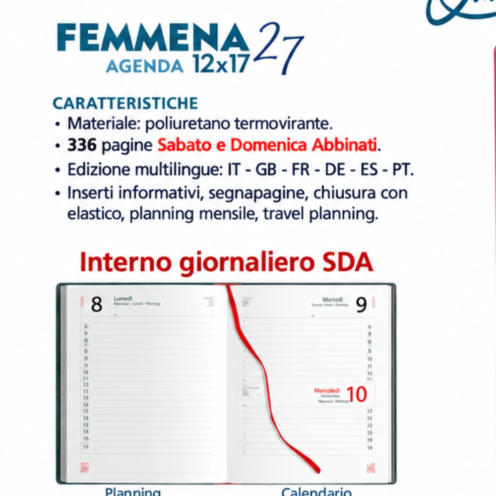 QUANDO Femmena Agenda Giornaliera 2027 12×17 cm con Elastico