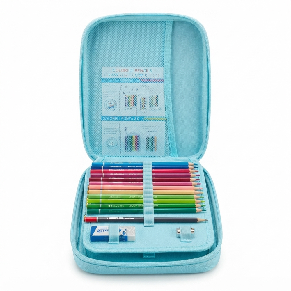 Astuccio Art Box One Time Premium TintaUnita Azzurro Glitter aperto – 48 pastelli e accessori