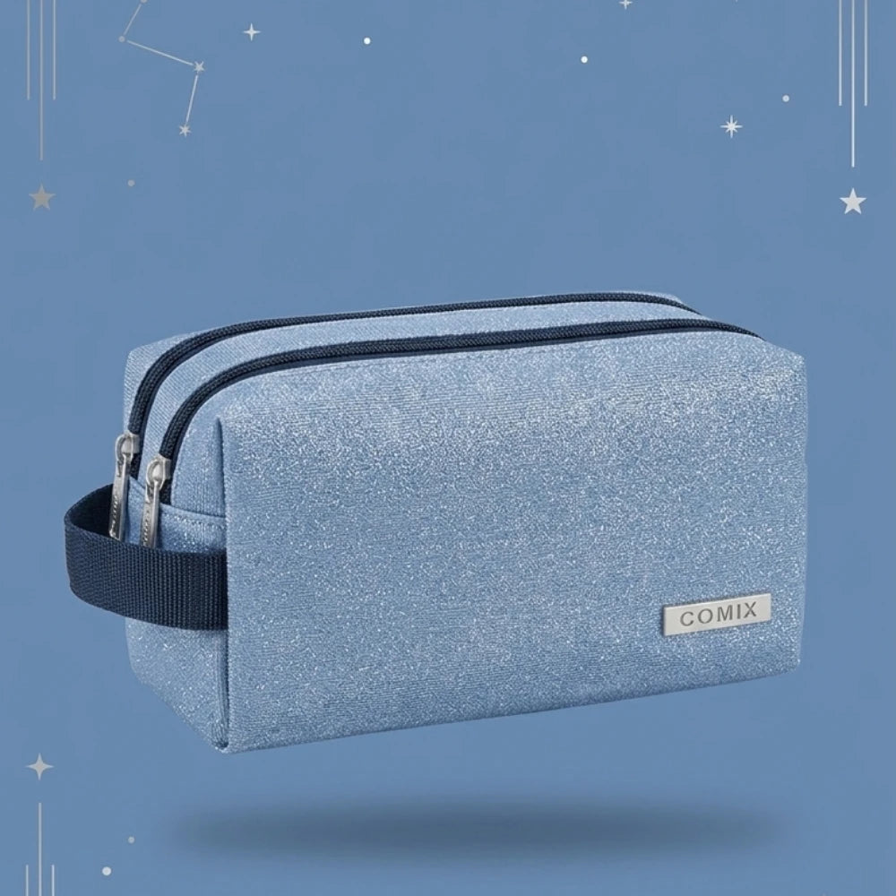 Astuccio 2 Zip Vuoto Comix Lurex Azzurro — Portapenne Glitterato