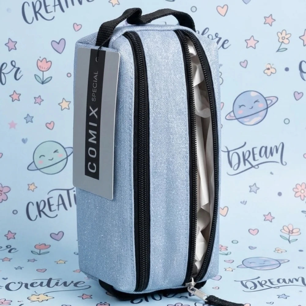 Astuccio 2 Zip Vuoto Comix Lurex Azzurro — Portapenne Glitterato