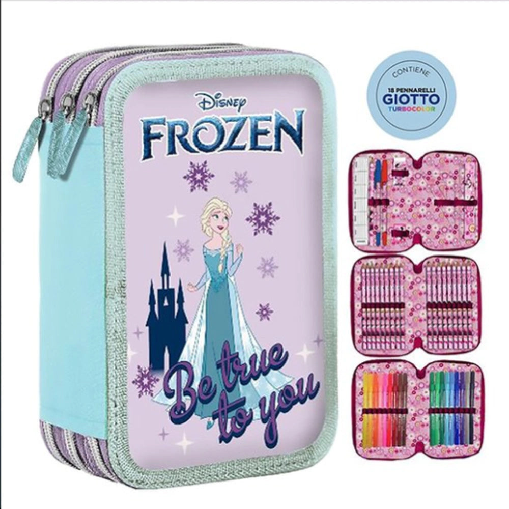 Astuccio Completo 3 Zip Disney Frozen con 18 pennarelli Giotto Turbocolor e 18 matite colorate - kit scuola 44 pezzi