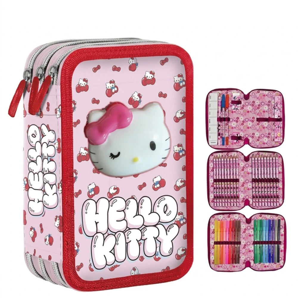 Astuccio Scuola 3 Zip Squishy Hello Kitty Completo con Accessori