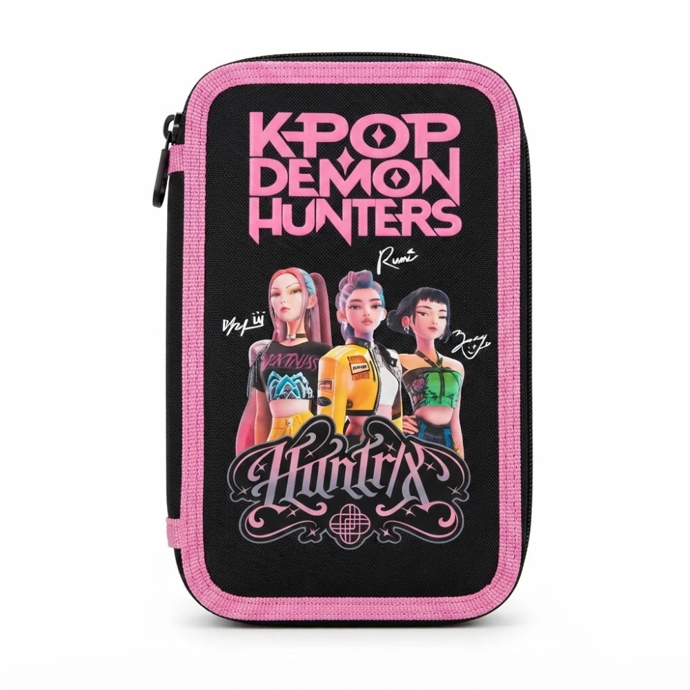 Astuccio 3 Zip Completo K-Pop Demon Hunters Huntrix Nero e Rosa Safta - vista frontale con grafica Huntrix Rumi Mira Zoey