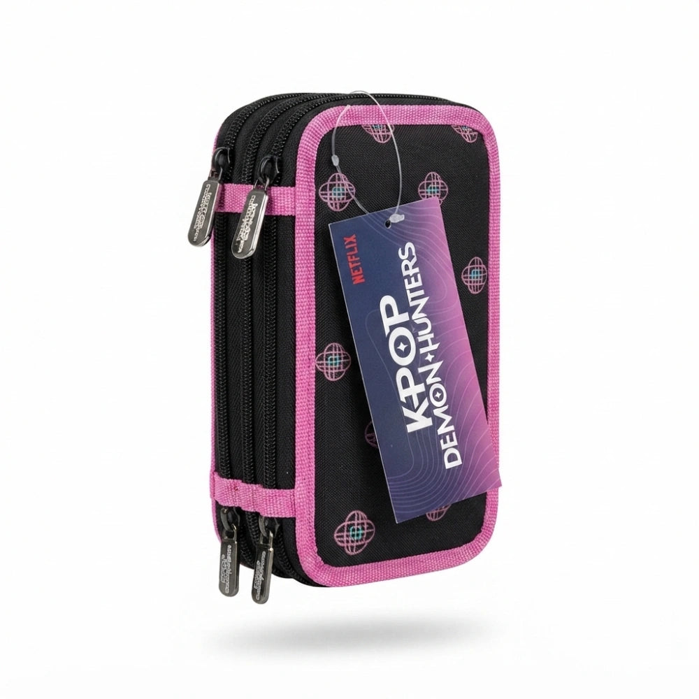Astuccio 3 Zip Completo K-Pop Demon Hunters Huntrix Nero e Rosa Safta - vista laterale con 3 zip nere e profilo rosa fucsia