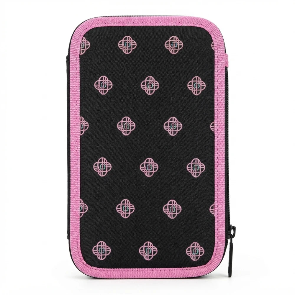 Astuccio 3 Zip Completo K-Pop Demon Hunters Huntrix Nero e Rosa Safta - vista retro con pattern loghi K-Pop Demon Hunters