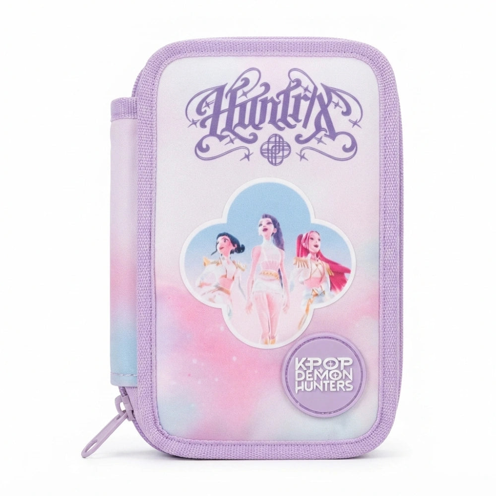 Astuccio 3 Zip Completo K-Pop Demon Hunters Huntrix Lilla Tie-Dye Safta - vista frontale con grafica Huntrix e logo K-Pop Demon Hunters