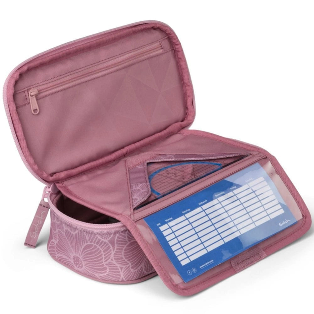 Astuccio rigido Satch Magnolia Dream aperto con tasca trasparente orario e scomparto accessori rosa