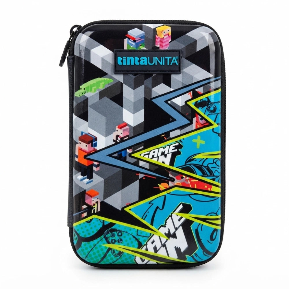 Astuccio TintaUNITA Game One Time 2026/2027 – astuccio rigido con fantasia gaming pixel art e scritta Game On azzurra, personaggi stile Minecraft, materiale scolastico incluso