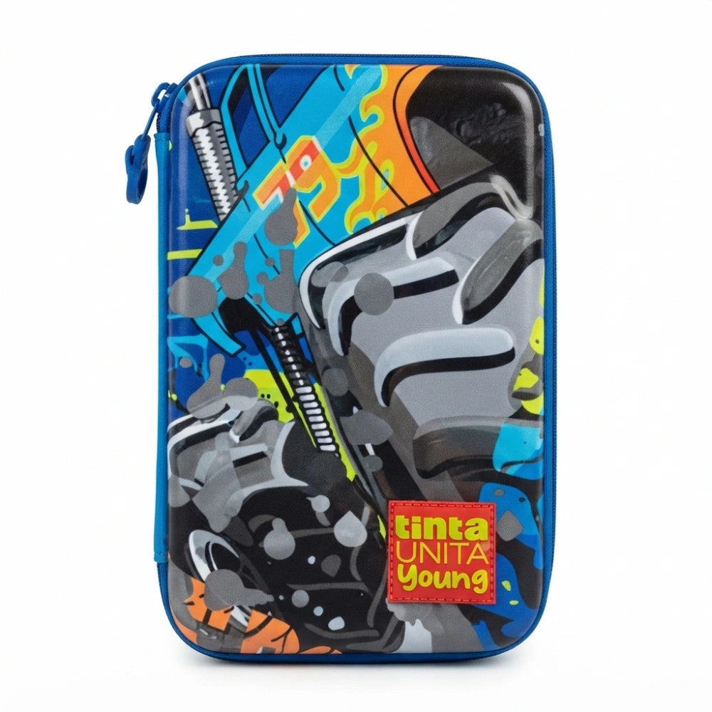 Astuccio TintaUNITA Young Monster Truck One Time 2026/2027 – astuccio rigido blu con fantasia graffiti robot e auto da corsa, materiale scolastico incluso