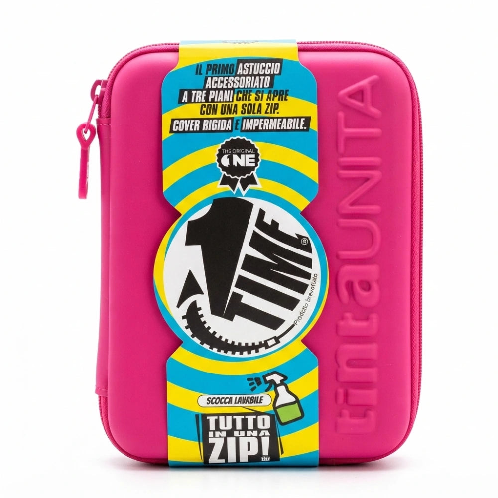 Astuccio OneTime Hard TintaUNITA Fucsia – Scocca Rigida, 3 Piani, 1 Zip, 44 Pezzi