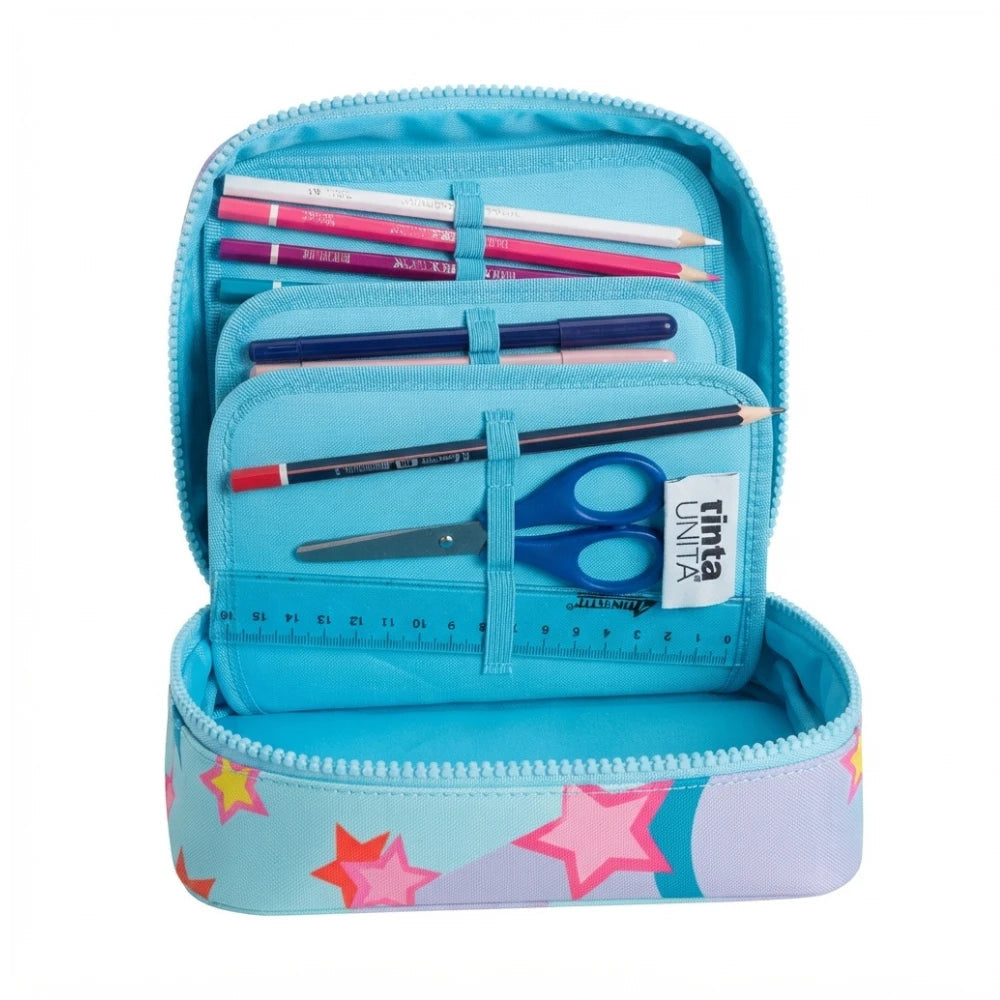 Astuccio OneTime TintaUnita aperto - scomparto con matita grafite, forbici, gomma, temperino e penne