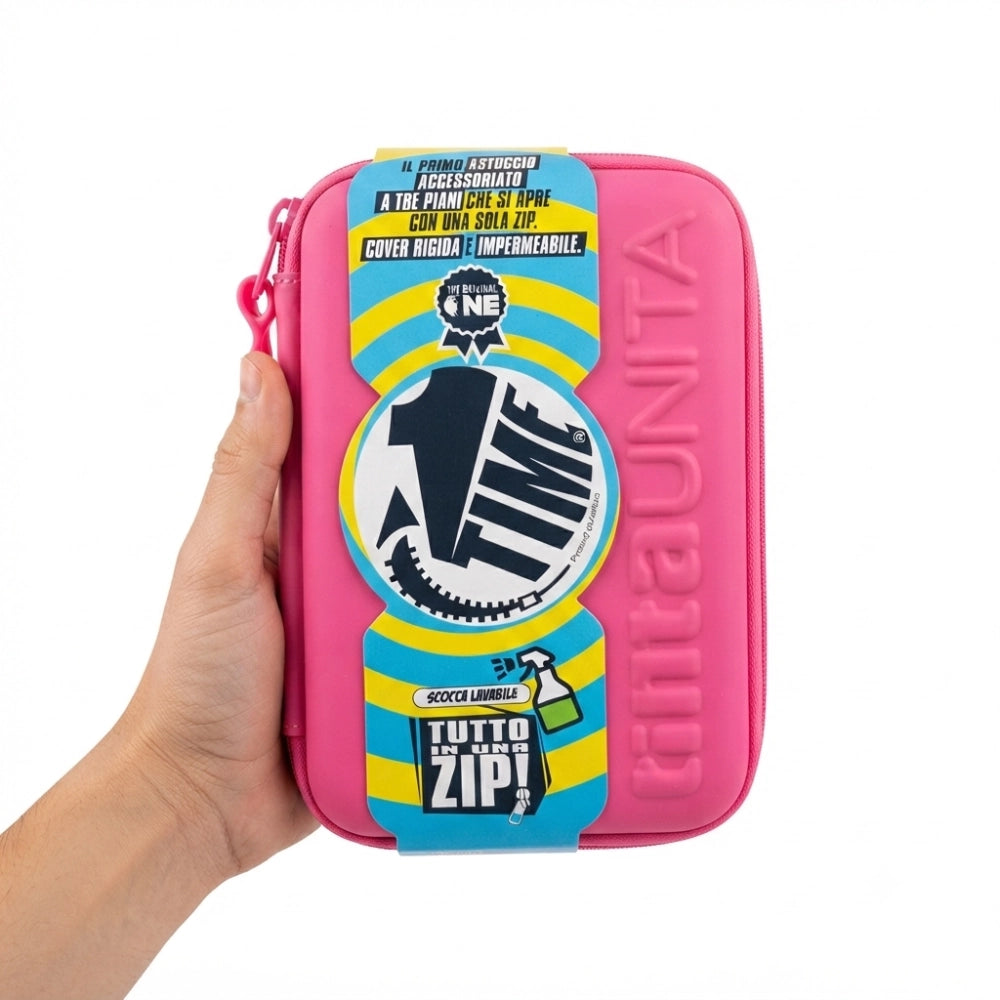 Astuccio One Time TintaUnita Rosa Acceso – vista laterale zip