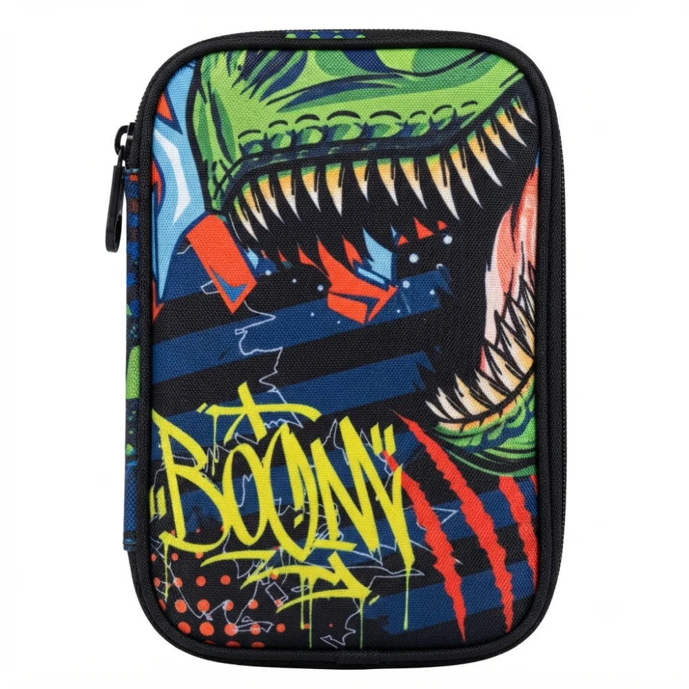Astuccio TintaUNITA T-Rex aperto – primo piano con pastelli colorati