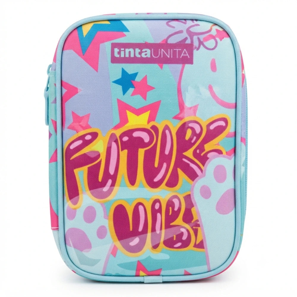 Astuccio OneTime TintaUnita Pool Over Future Vibes in stoffa - vista frontale monozip azzurro stelle