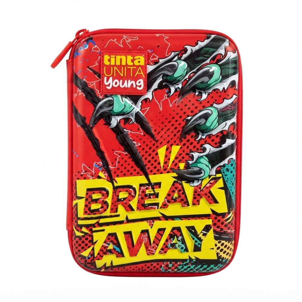 Astuccio TintaUNITA Young Raptor Break Away One Time 2026/2027 – astuccio rigido rosso con artigli di raptor e scritta Break Away gialla in stile fumetto, materiale scolastico incluso