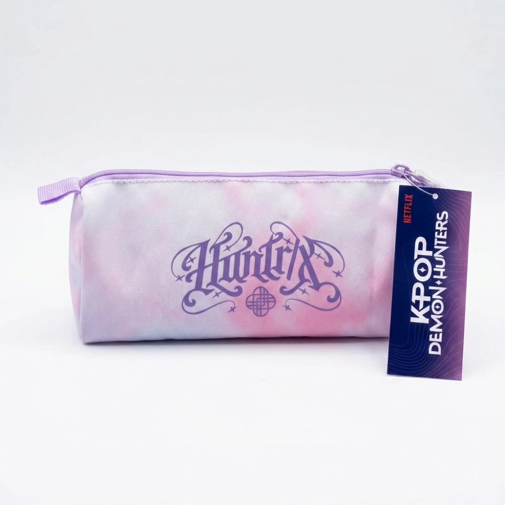 Astuccio vuoto K-Pop Demon Hunters rosa lilla con scritta Huntrix sfondo pastello