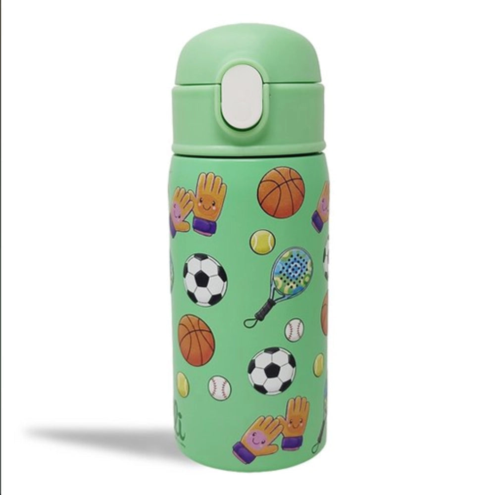 Borraccia termica Olli Kids Sports 350 ml chiusa - pattern sport kawaii calcio basket tennis su fondo verde