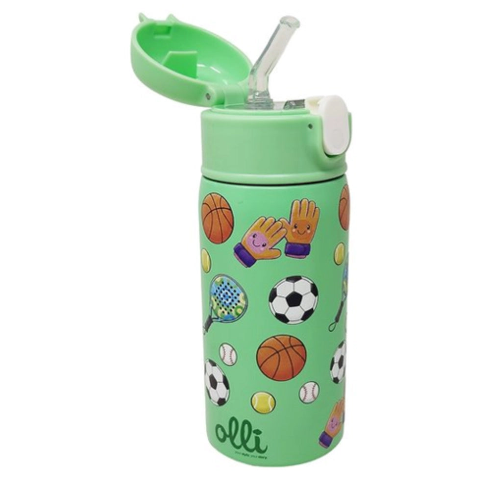 Borraccia termica Olli Kids Sports 350 ml verde aperta - cannuccia in silicone e apertura a scatto