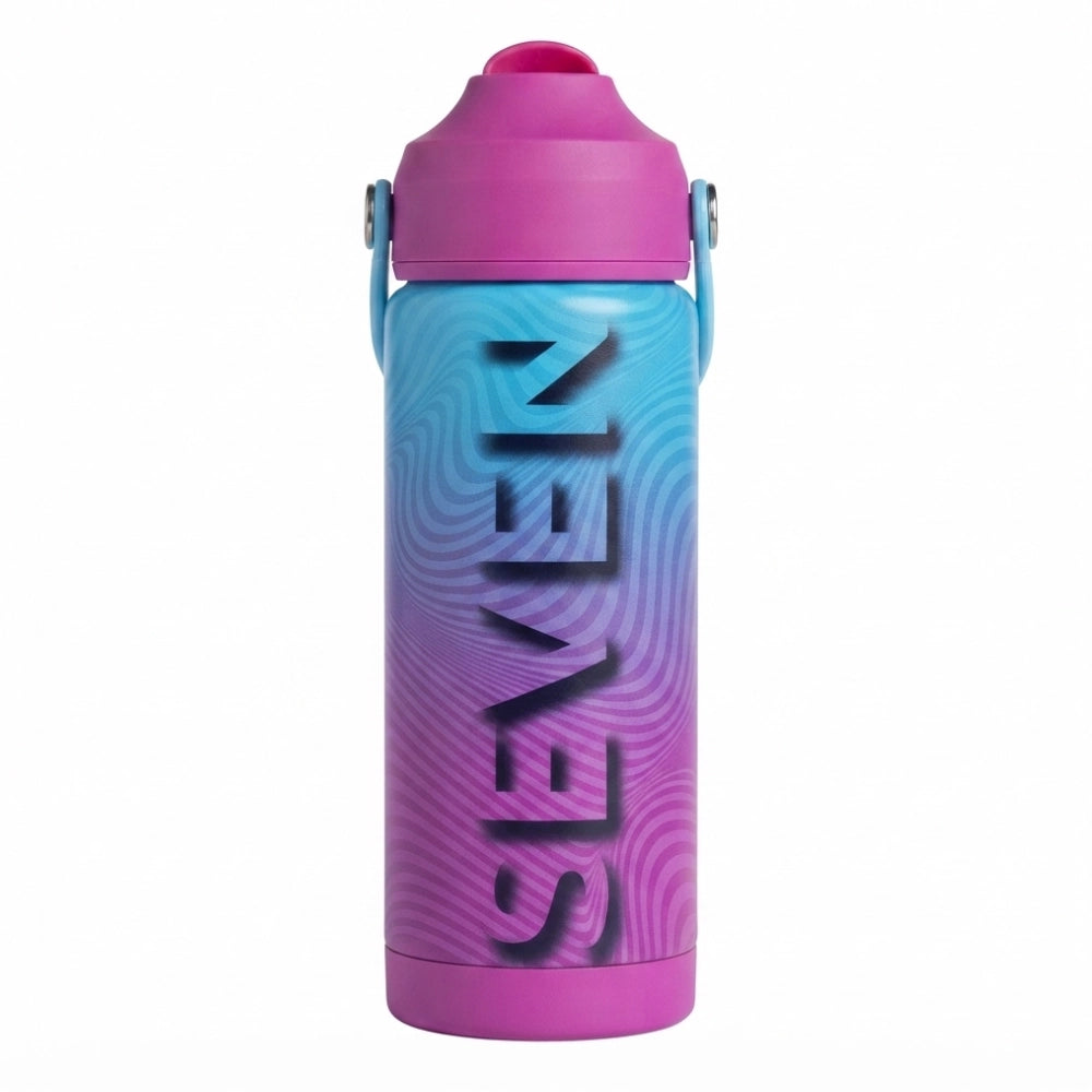 Borraccia Termica Seven Girl 550ml viola sfumato con cannuccia e manico azzurro - vista laterale