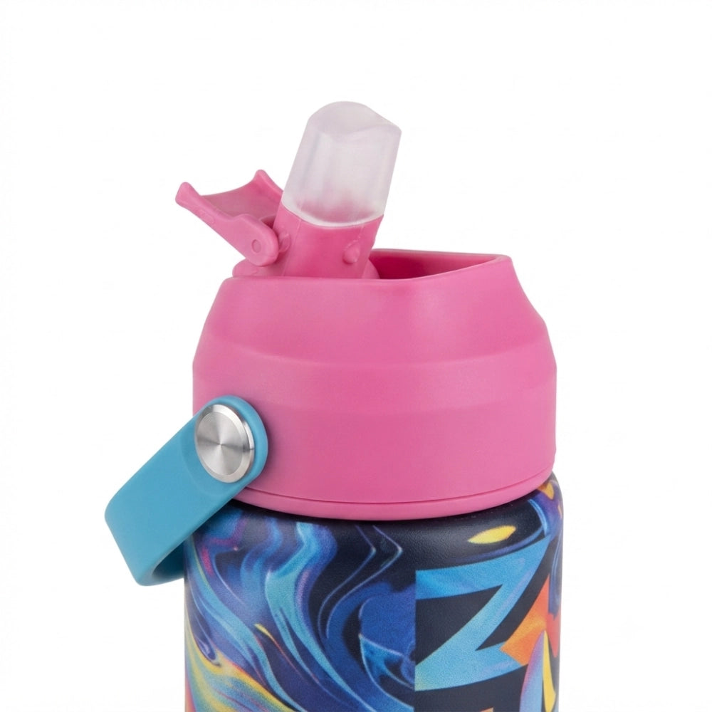Borraccia Termica Seven Girl Colour Splash dettaglio tappo rosa con cannuccia silicone aperta e manico azzurro
