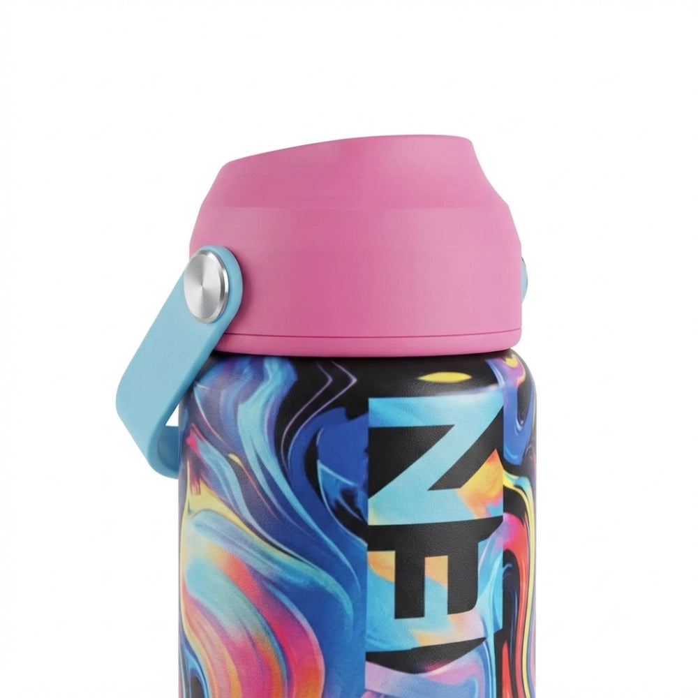 Borraccia Termica Seven Girl Colour Splash dettaglio tappo rosa chiuso con manico azzurro e grafica swirl