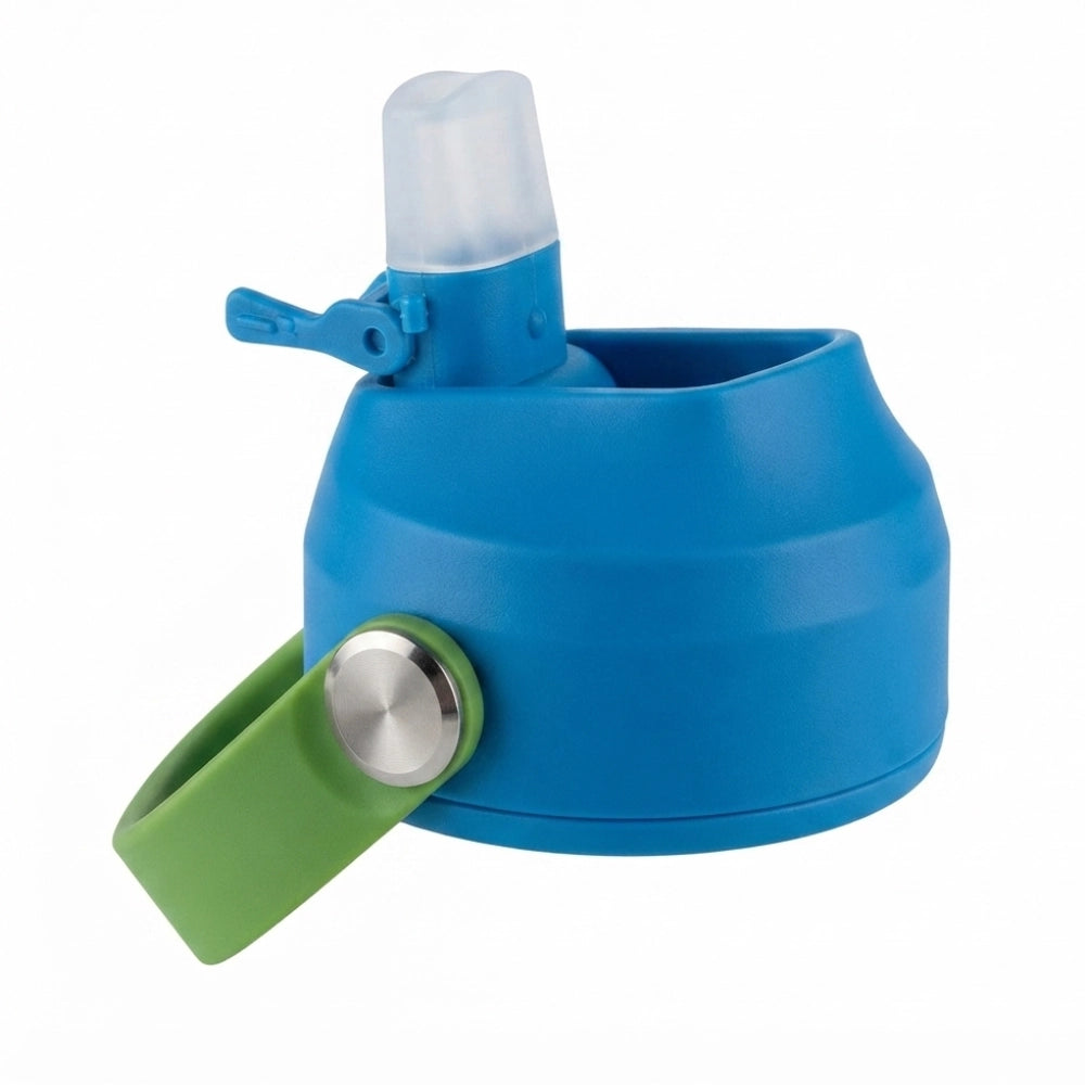 Borraccia Termica Seven Boy Strip Blue dettaglio tappo blu aperto con cannuccia silicone trasparente e manico verde