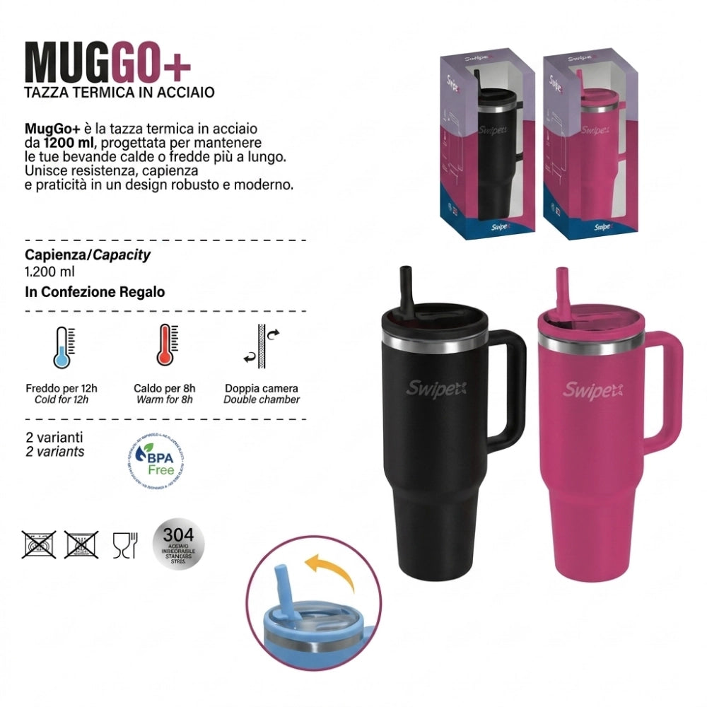 Swipe MugGo+ Tazza Termica 1200ml con Cannuccia — Acciaio 304