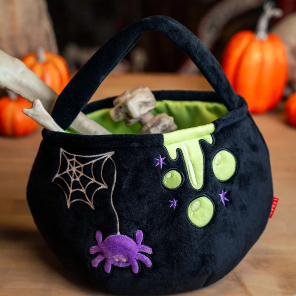 Borsa Halloween calderone Legami trick or treat vista frontale con ragno viola e ragnatela