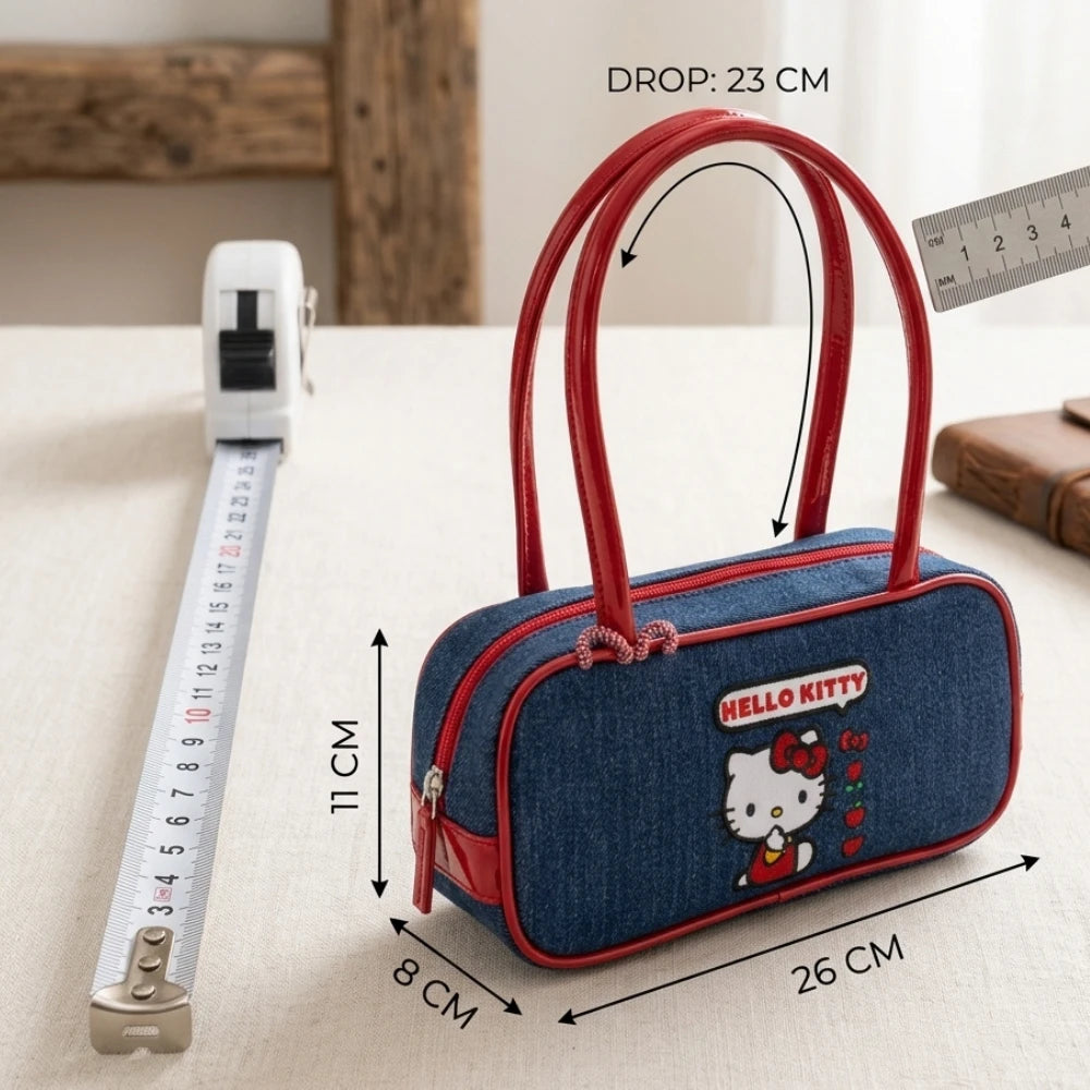 Hello Kitty Leisure borsa a spalla jeans blu e vernice rossa