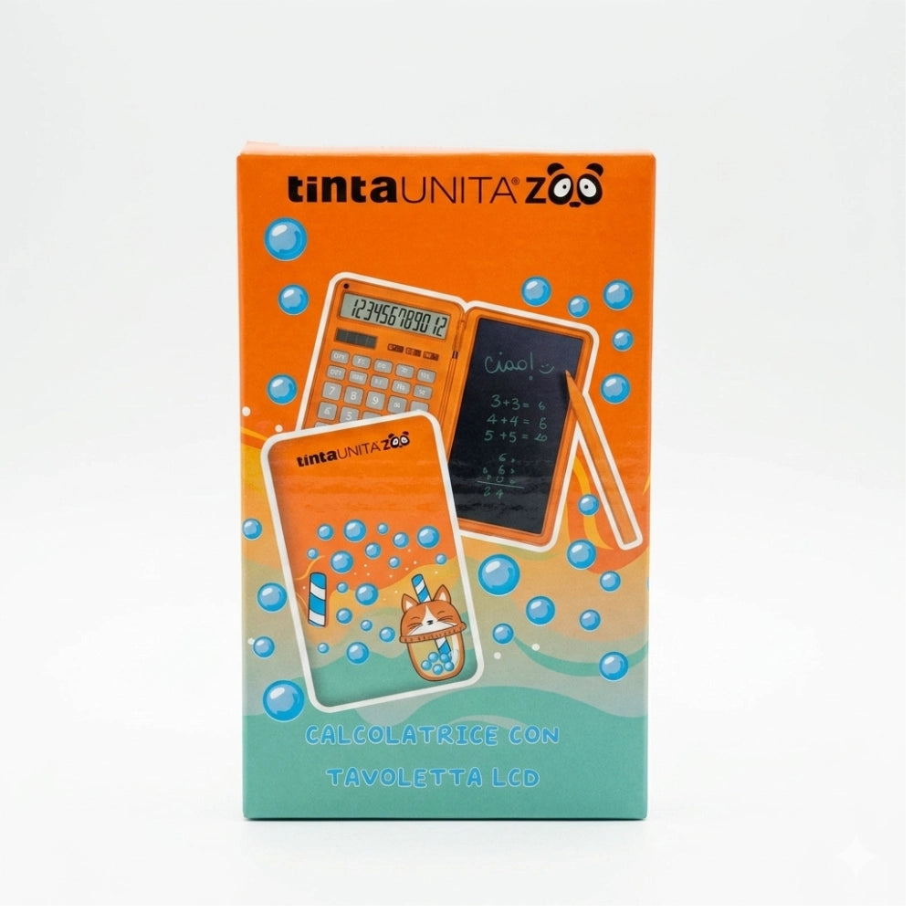 Calcolatrice tascabile TintaUNITA Zoo linea Bubble Tea aperta con schermo digitale e lavagna LCD laterale