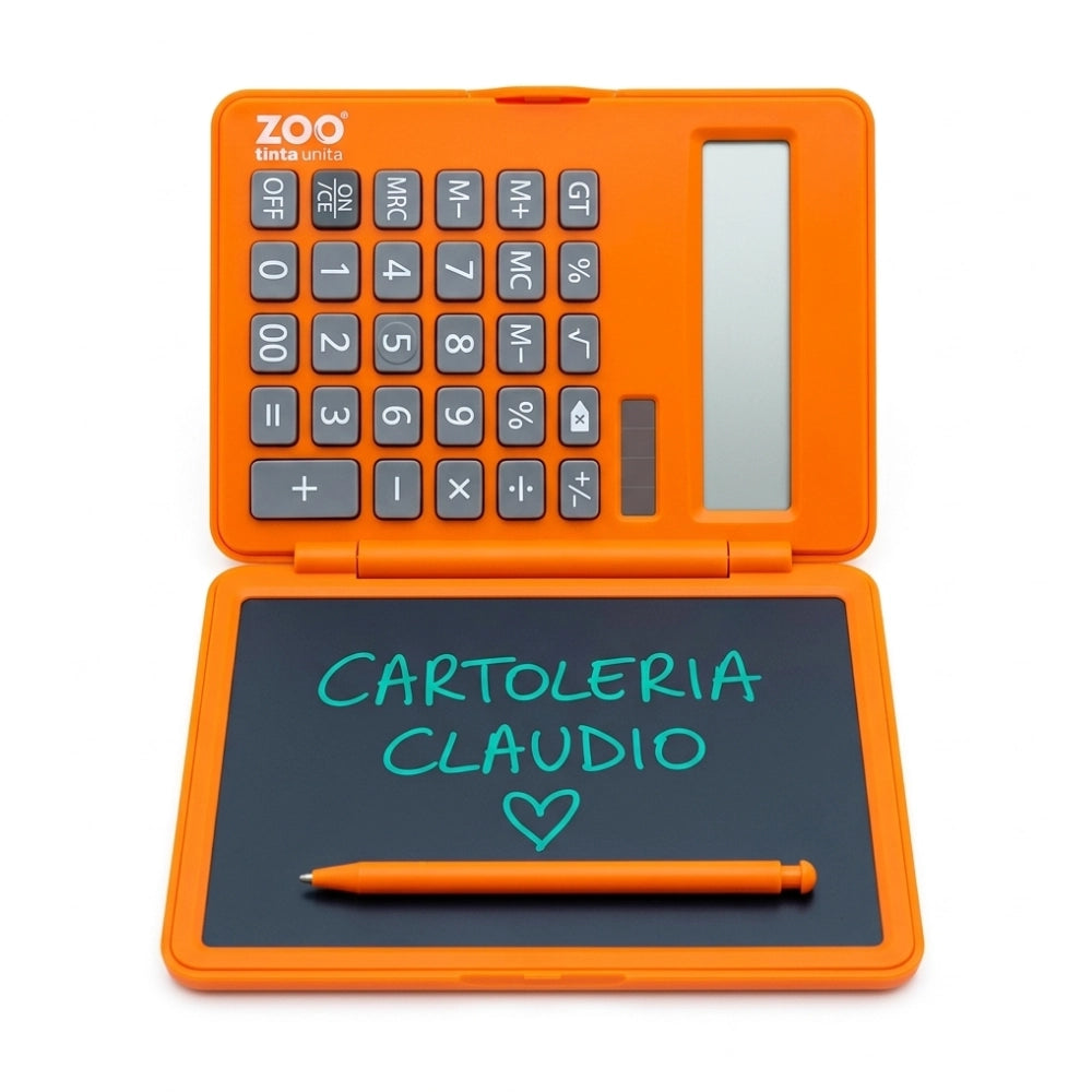 Calcolatrice tascabile TintaUNITA Zoo linea Bubble Tea aperta con schermo digitale e lavagna LCD laterale