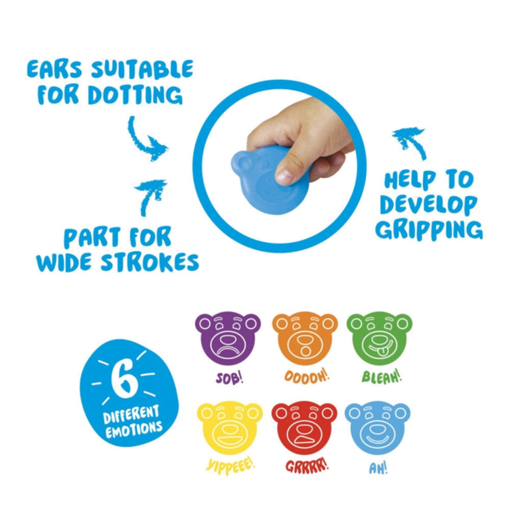 Carioca Baby Teddy Crayons – infografica: orecchie per puntinare, parte per tratti larghi, allena l’impugnatura digitale