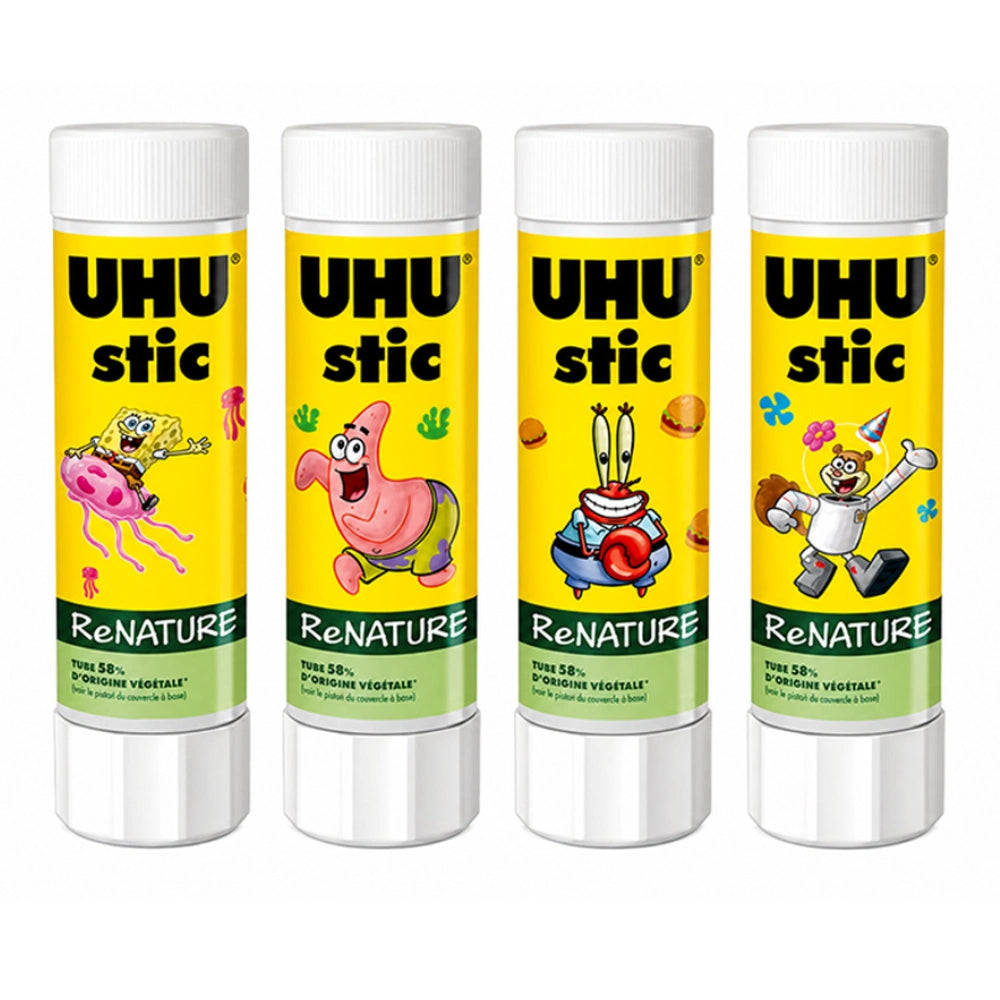 Colla Stick UHU ReNature SpongeBob 8,2g – display espositore con 4 personaggi collezionabili