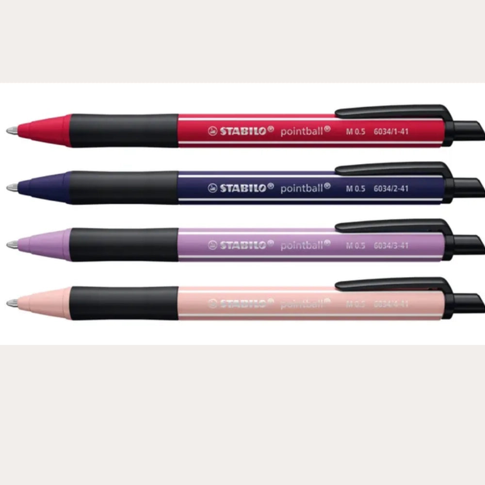 STABILO Pointball Wildflower Edition – 4 penne inchiostro nero, colori rosso, blu notte, lilla e rosa