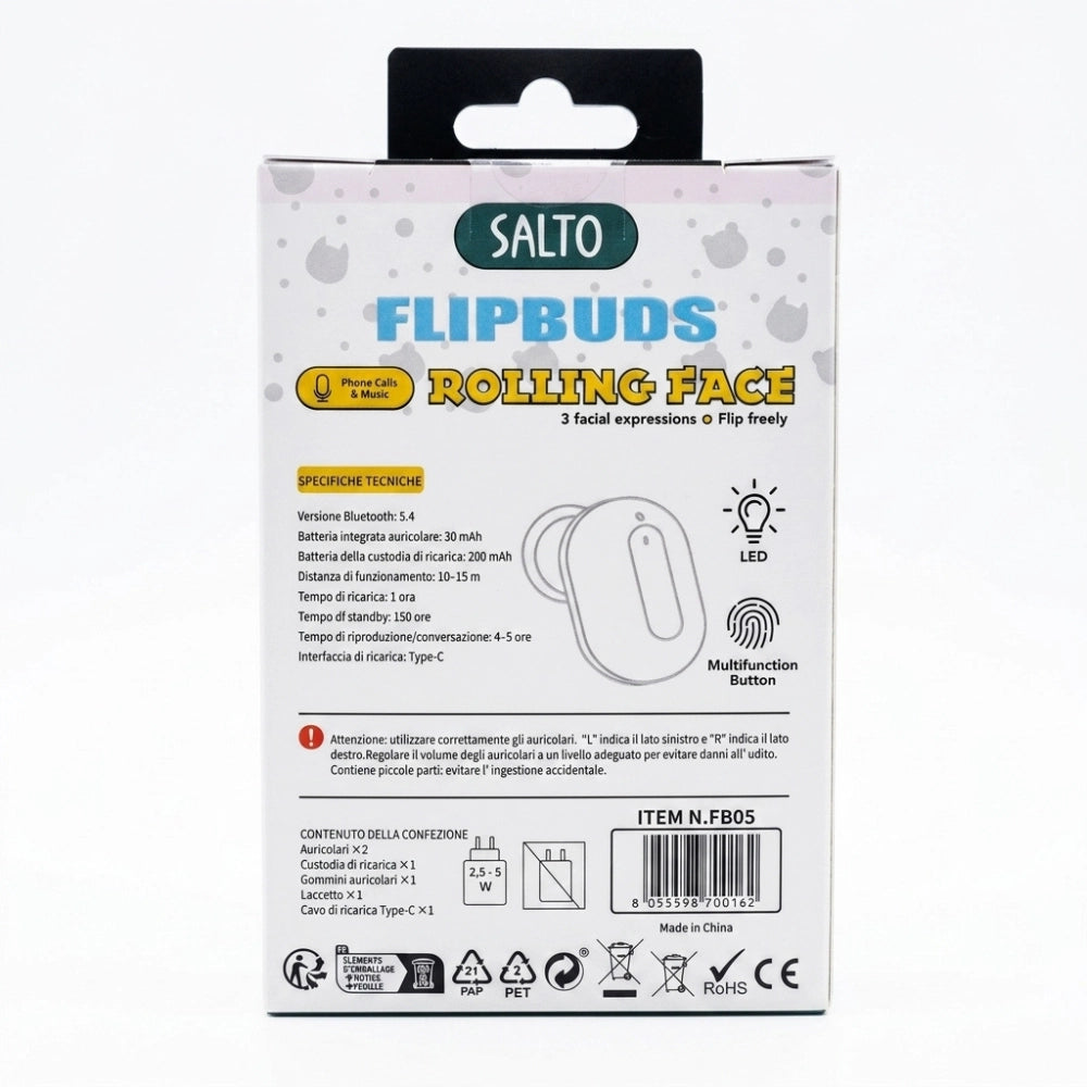 Salto Flipbuds Rolling Face Bibo Baby – retro packaging con specifiche tecniche e EAN 8055598700162