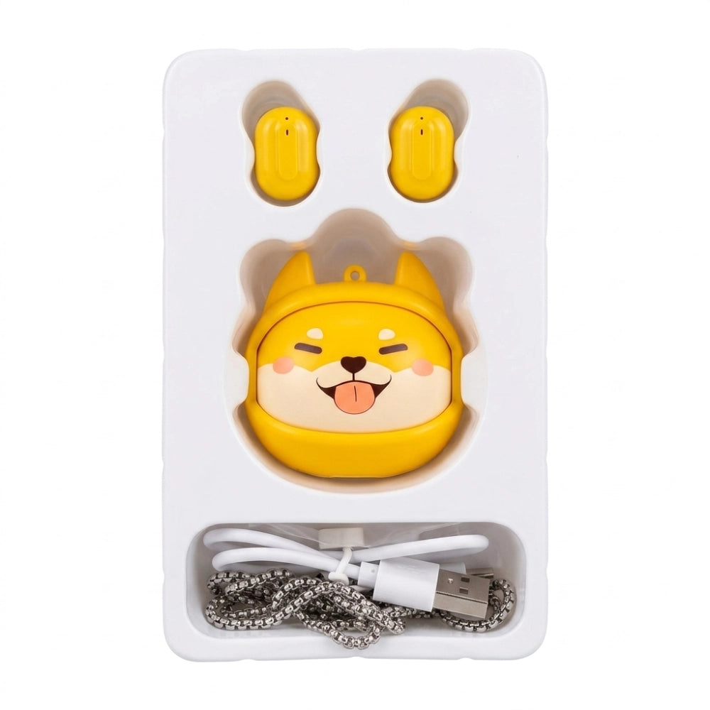 Salto Flipbuds Rolling Face Shiba – interno confezione con custodia shiba inu gialla, auricolari e catenina